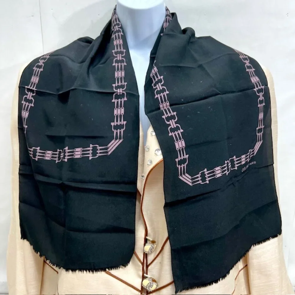 Celine silk scarf rayon length 47" x10" Authentic Black gold logo Fringe ( 47) - Picture 3 of 7